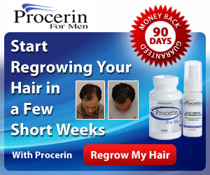 Advertisement for Procerin hair regrowth for men, featuring before and after photos, a 90-day money-back guarantee badge, product images, and the text "Transform your haircare routine—start regrowing your hair in a few short weeks.